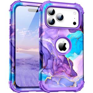 for iPhone 17 Pro Max Case,Three Layer Heavy Duty Shockproof Hybrid Hard Plastic Bumper Soft Silicone Rubber Drop Protective Cover Case for iPhone 17 Pro Max 6.9", Purple/Blue