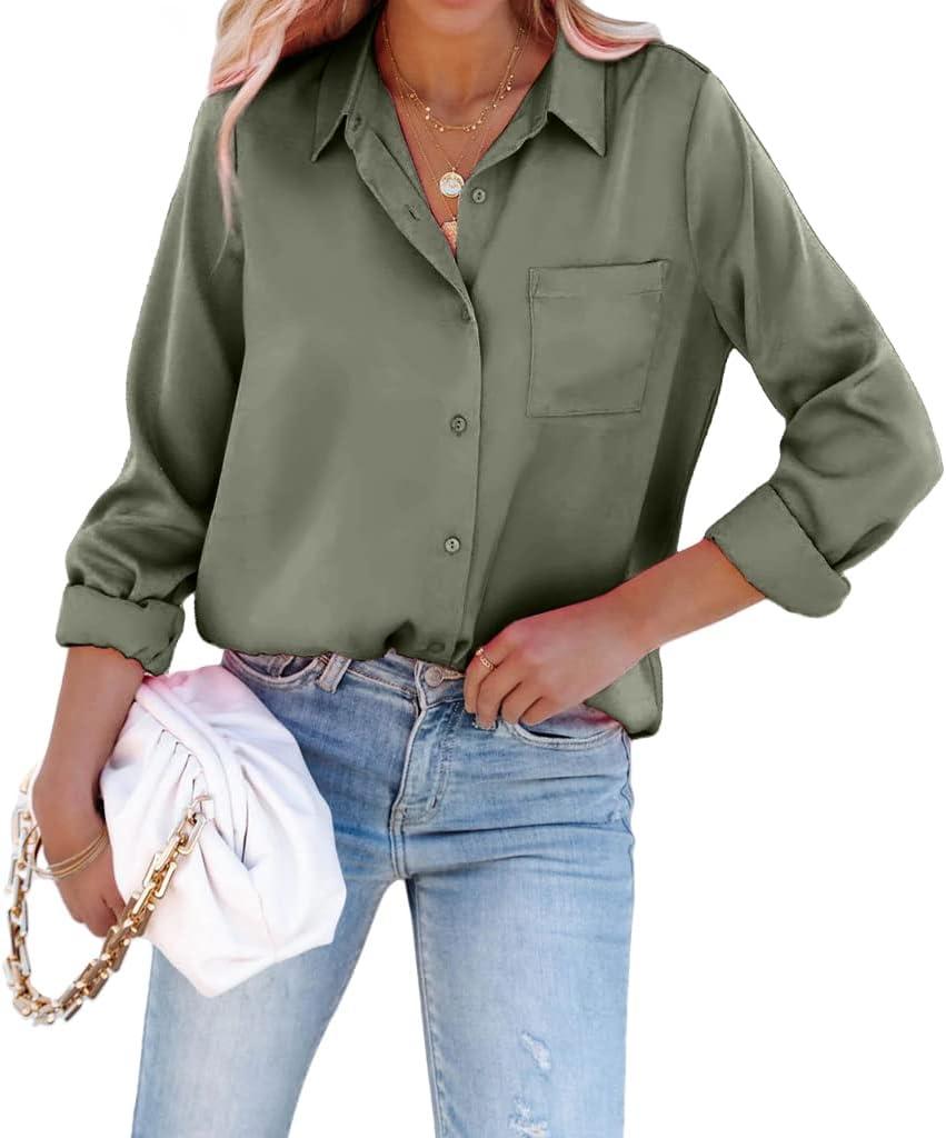 Pausus Satin Button Down Shirts for Women Long Sleeve Slim Fit Office Blouses Casual Business Silk Tops with Pocket (Medium, Army Green)