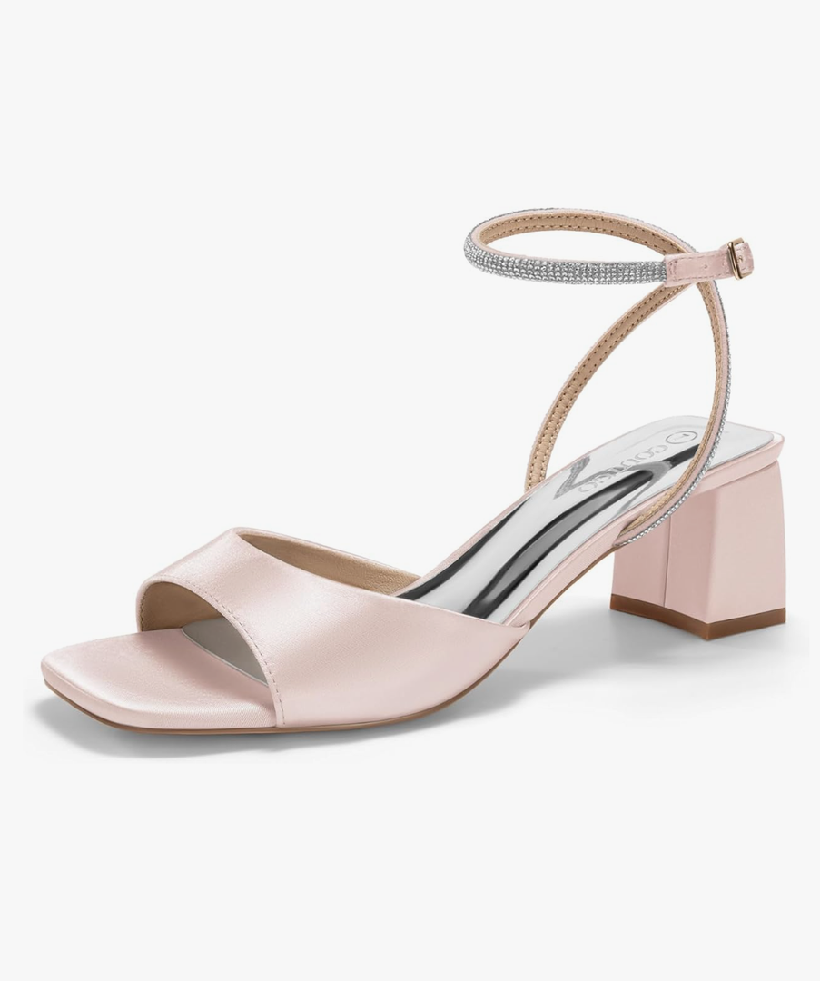 Coutgo Womens Heeled Sandals Rhinestone Chunky Low Heels Satin Square Toe One Strap Ankle Buckle Dress Shoes Size 10