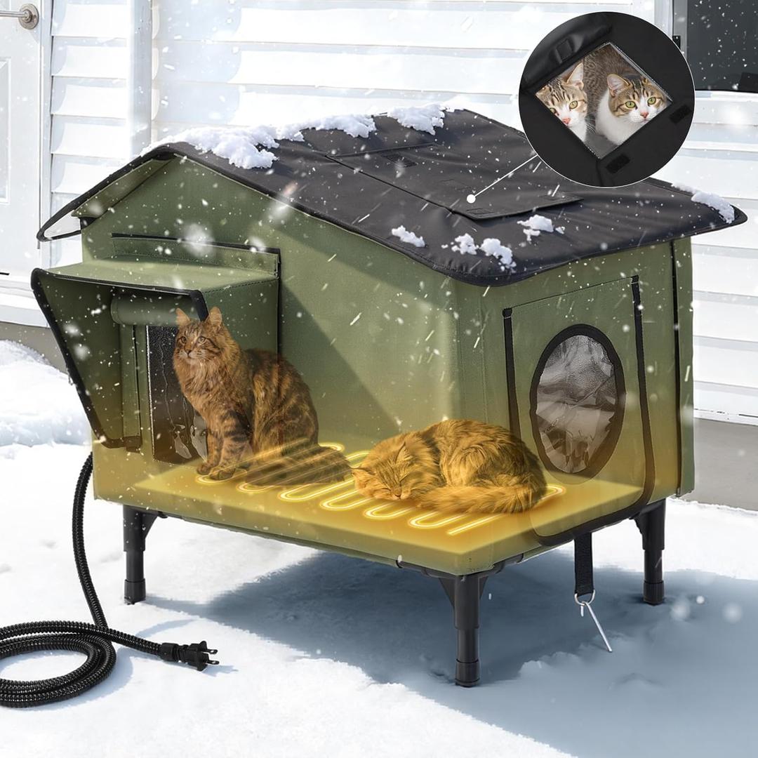 Heated Cat House for Outside Weatherproof in Winter, Large Insulated Feral Cat Shelter with Pet Heating Pad for Multi Kittens Puppies, UL Certified, Elevated Base with Chew-Resistant Cord (20"x16")