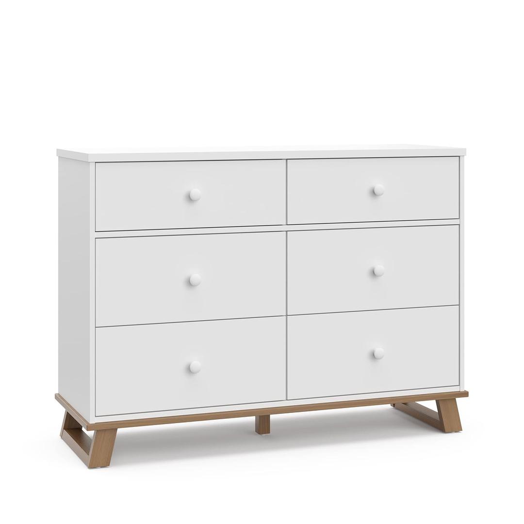 Storkcraft Modern 6 Drawer Double Dresser (White with Vintage Driftwood)  GREENGUARD Gold Certified, Modern Double Dresser for Nursery and Kids Bedroom, Wide Dresser Organizer for Childrens Bedroom