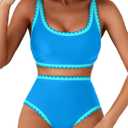 Herseas Women's Bikini Sets Floral Print Whip Stitch 2 Piece Swimsuits High Waisted Scoop Bathing Suits (Medium)