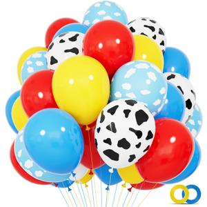 68Pcs Red Yellow Blue Toy Balloons 12 Inch Light Blue Cloud Cow Print Balloons for Baby's Birthday Story and Football Party Themed Decorations.
