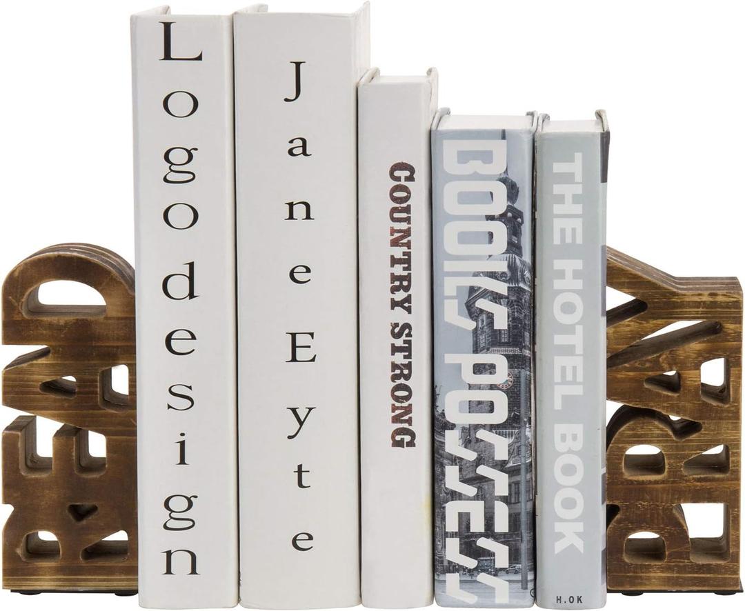 MyGift Book Ends Christian for Shelves, Wood Bookends Carved in Read and Pray Block Letters, Decorative Book Stands for Home Library Bookshelf Office Desk, Rustic Burnt Brown, 2 Pcs Set