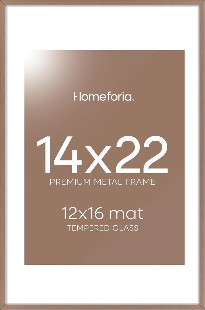 14x22 Mocha Picture Frame, High-End Metal, 12x16 Mat, Glass | High End Aluminum, Tempered Glass, Acid-Free 12x16 Removable Mat, 14x22 in Edge-to-Edge Display 22x14, Wall Kit, Set Of 1