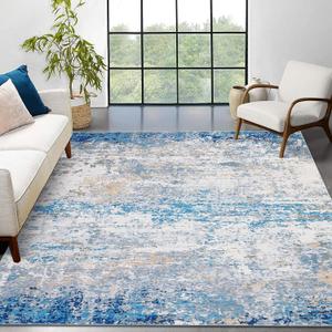 ROYHOME 10x13 Modern Abstract Faux Wool Accent Rug Low Pile Ultra Soft Machine Washable Stain Resistant Non Slip Non Shedding Throw Rug for Living Room Bedroom Home Decor, Blue/Grey
