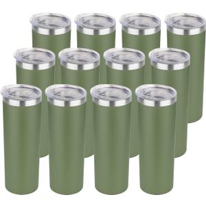 HASLE OUTFITTERS 20 oz Skinny Tumblers Bulk Set, Stainless Steel Insulated Slim Tumblers with Lids, Reusable Double Wall Travel Coffee Mugs, Durable Powder Coated Travel Water Cups(Army Green, 12)