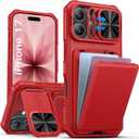 SSLOTSCASE for iPhone 17 Case with Credit Card Holder & Stand & Slide Lens Cover & Kickstand, Multi-Functional Wallet TPU Soft Silicone Edge Protective Phone Case Cover for iPhone 17 6.3'' 2025, Red
