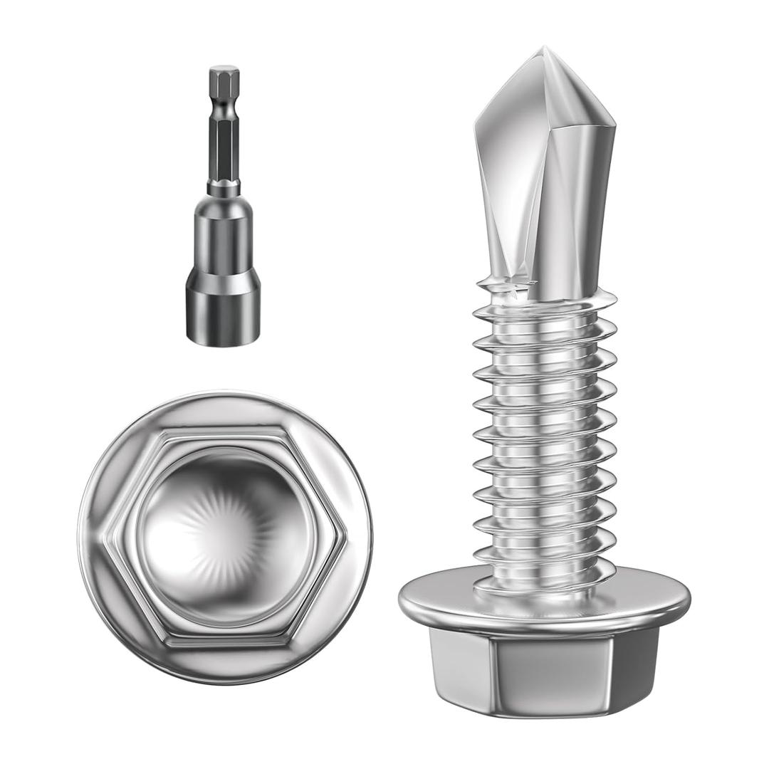 (300Pcs) #83/4" Hex Washer Head Self Drilling Screws, 410 Stainless Steel Metal SheetScrewsTEK Screws, Sheet Metal Self Tapping Screws (Silver)