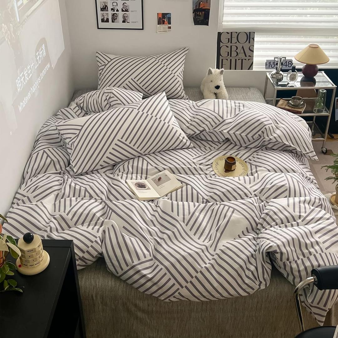 BlueBlue Abstract Kids Duvet Cover Set Queen 100% Cotton Bedding for Boys Girls Teens Simple Gray Stripe Line Pattern on White 1 Modern Geometric Full Comforter Cover 2 Pillow Shams, Queen