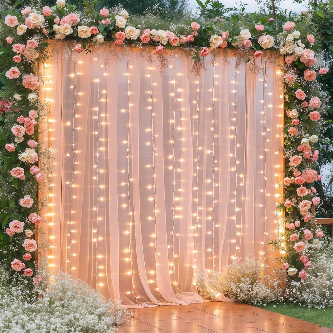 1010ft Peach Tulle Backdrop Curtain with Lights String for Parties, Sheer Photo Curtain Backdrop Drapes for Wedding Party Photography Backgrounds (10ftx10ft)