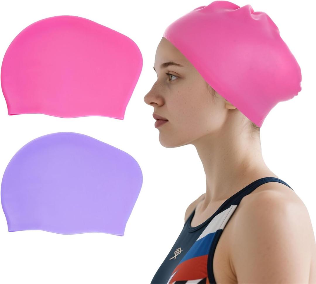 2 Pcs Extra Large Swimming Cap for Long Hair Swim Cap for Women Silicone Waterproof Swim Hats Bathing Caps to Keep Hair Dry for Women Adults Youths (Light Purple and Light Pink)