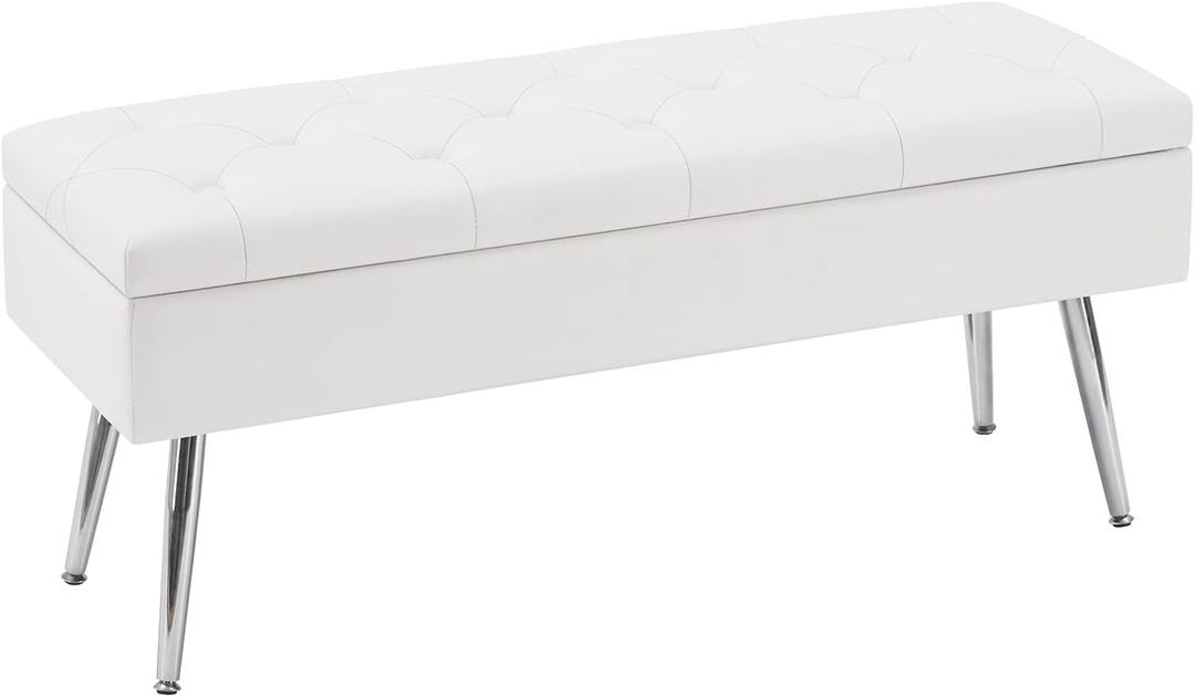 Storage Bench Modern Entryway Bench End of Bed Bench Ottoman Upholstered PU Leather Bedroom Benches for Foot of Bed Tufted Bench Footrest Stool with Metal Legs 40" White (40 Inch White)