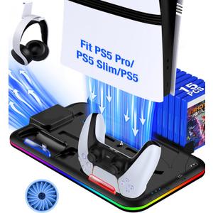 Kawaye PS5/Slim/Pro Stand and Cooling Station for PlayStation 5 Consoles, PS5/Pro/Slim Accessories with 3-Level Cooler Fan, PS5 Controller Charger, Cooling Satnd, Headset Holder, 15 Game Slots, Black (Black Stand for PS5 Pro/PS5 Slim/PS5)