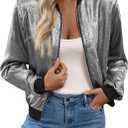 Verdusa Women's Metallic Zipper Bomber Disco Party Jackets Outwear Long Sleeve Lightweight Jacket Coats Black, Large
