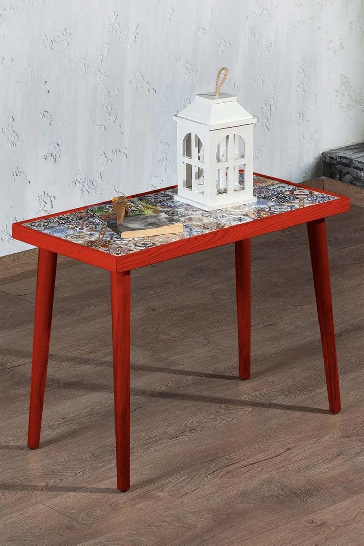 Comfyt Coffee Table, Handmade Side Table, End Table, Nightstand Nesting Table Bedside Table Accent Table Home Essentials Wood Tiled Top Rustic Table Ceramic Tiles Mexican Tile Table (13x24, Red)