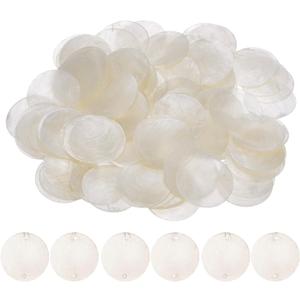 100-Pack Round Shells Pieces, 2 Inch Flat Round Natural Shell Charm with Hole, Discs Sea Shells Coin Bead Connector for Wind Chimes/DIY Craft Hanging [White]