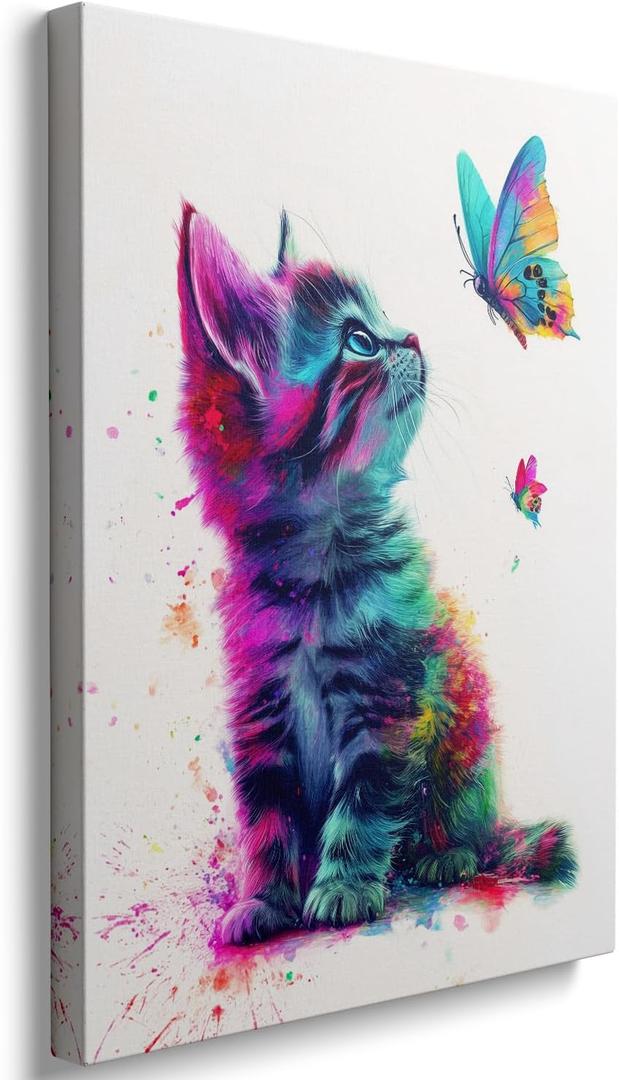 Ypxzzj Framed Butterfly Cat Canvas Wall Art & Decor for Cat Lover Gifts,Wall Decor for Women Girls Bedroom Toddler Baby Room decoration,Cute Kitten Poster for Nursery Home Decor(24''x36'')