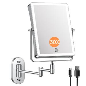 FASCINATE 5000mAh Rechargeable Wall Mounted Makeup Mirror, 8.7" Double Sided Touch Switch 1X/30X Rectangle Wall Mounted Magnifying Mirror with Light, 3 Color Setting, Extended Arm 360 Swivel Foldable