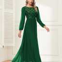 Women's Sequin Evening Dresses Long Sleeves Crewneck Floor Length Chiffon Formal Ball Gowns Dress (XL)