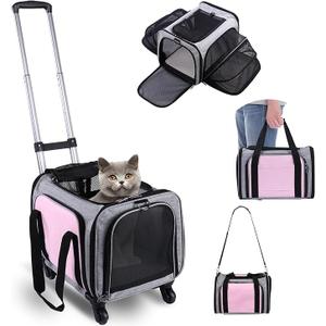Pet Carrier with Wheels for Cat and Small Dogs: Expandable Airline Approved Rolling Cat Carrier - Cat Carrier Soft for Pets Under 25lbs Travel Plane Trip (Pink)