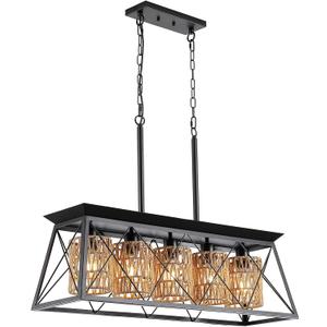 Rattan Chandelier Dining Room Kitchen Island Lighting Fixtures,Modern Black Farmhouse Kitchen Chandeliers Over Table,5-Light Boho Rustic Rectangular Pendant Light