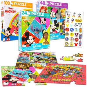 Disney Jigsaw Puzzles Set for Kids - Bundle with 3 Pack Puzzles Featuring Mickey Mouse, Minnie Mouse, Stitch, and More Plus Stickers | Disney and Friends Party Favors