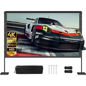 Queension 100 inch Outdoor Projector Screen with Stand, Portable Projector Screen 16:9 HD 4K, Movies Screen with Carry Bag for Outside Backyard, Indoor Wrinkle-Free Screen for Home Theater