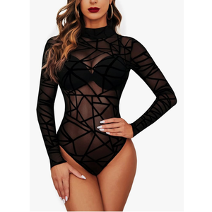 Avidlove Long Sleeve Bodysuit for Women Turtleneck Sheer Mesh Bodysuit Geo Print Leotards 2XL