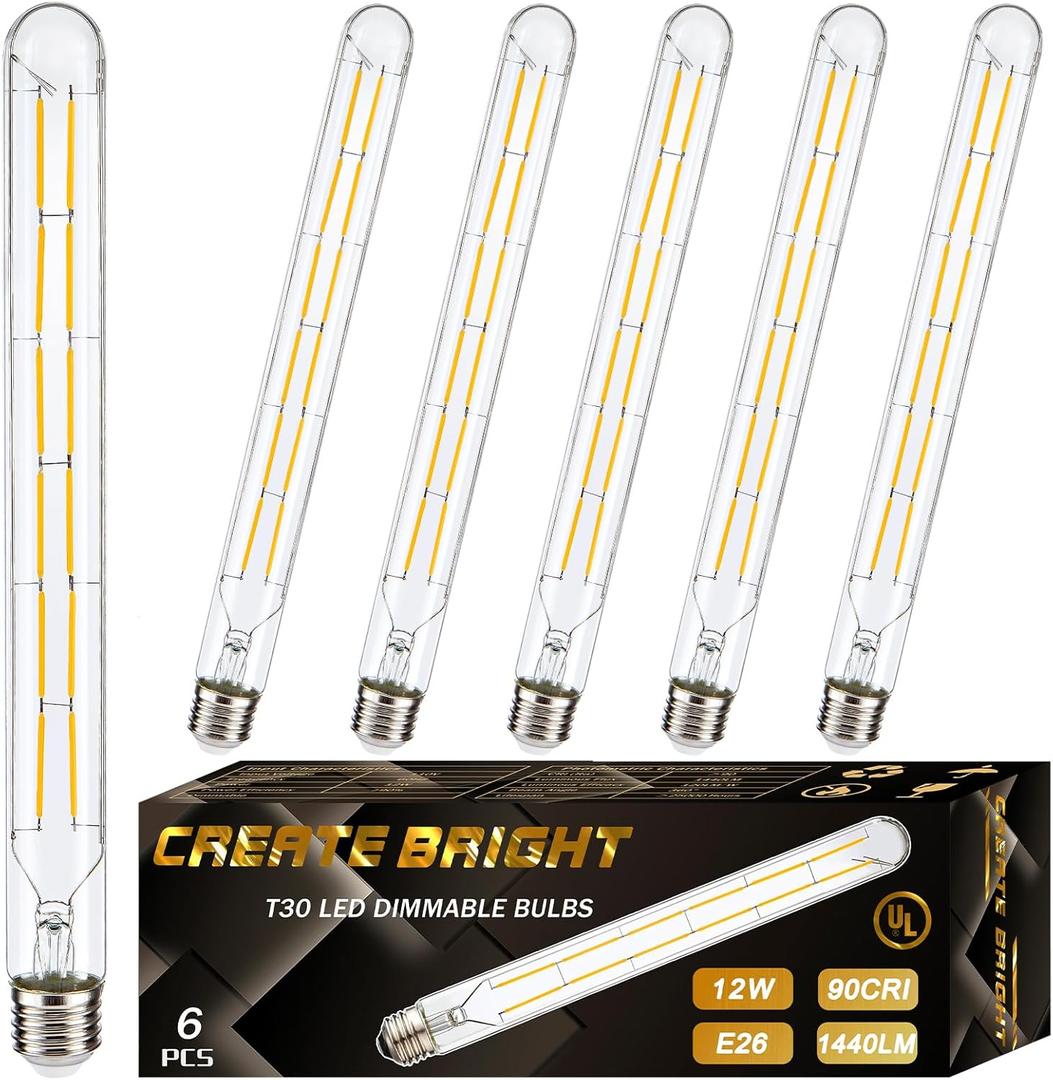 CREATE BRIGHT T30 Led Edison Bulbs 12W E26 Dimmable Tubular Bulb 2700K Vintage Light Bulbs,120 Watt Equivalent,1440LM,11.86 in,6 Pack