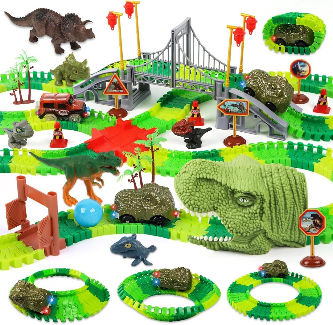 Dinosaur Track Race Car Toys - Birthday Toys Gifts for 3 4 5 6 7 Year Old Boys Girls - Flexible Dinosaur Track Car Set with Light - Create a Dinosaur Adventure World