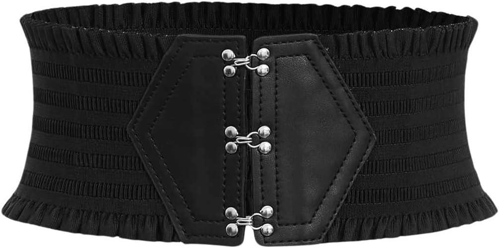 Verdusa Women's Renaissance Corset Belt Elastic Waist Waistband Wide Ruffle Belts (suit waist size:25.6-29.5", Black)