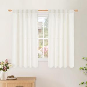 BGment Linen Ivory Curtains 48 Inches Long for Cafe Windows, Short Semi Sheer Drapes Rustic for Office Privacy Rod Pocket and Back Tab Light Filtering, 2 Panels Set, 42 Inch Wide Each Panel