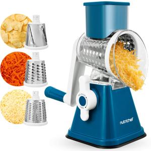 Nutrichef 3 in 1 Cheese Grater & Shredder | Strong Suction Base, Rotary Handle with Safety Lock | Includes Hand Crank & 3 Drum Blades for 3 Textures, Fine, Medium & Strips | Blue