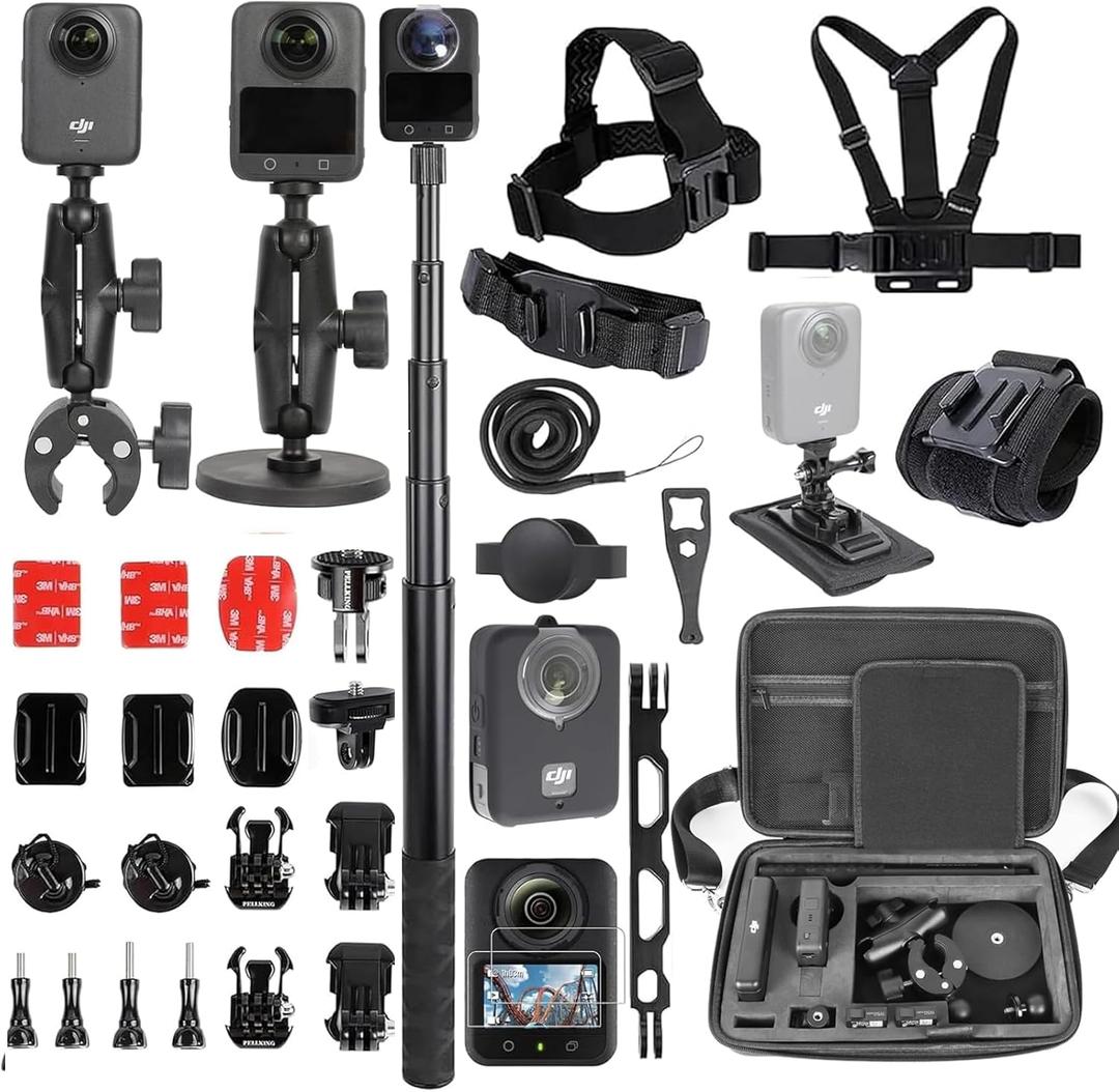 PellKing Accessories Kit for DJI Osmo 360,Included Carrying Case with Belt,2 Pcs Metal 1/4" Adapter, Handlebar Clamp, Magnetic Mount,43in Selfie Stick, Chest Strap, Head Strap, Backpack Mount, and Others