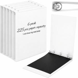 Eaasty 6 Pack 1 Inch 3 Ring Binder, Heavy Duty PP Plastic Binders for School Office, Waterproof Durable No-Gap Rings, Holds 225 Sheets Us Letter, College Supply(White)