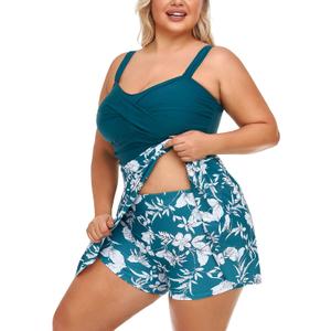 MiYang Women Plus Size Two Piece Swimsuits Flowy Tankini Swim Dress Bathing Suit with Shorts (Silver Bell Flower, Size 22)
