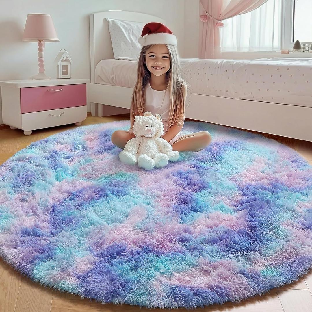 ONASAR Rainbow Round Area Rug 4ft, Soft Bedroom Circle Throw Rugs for Kids Girls Boys Teen Dorm Room, Fluffy Plush Shaggy Carpet Mats for Nursery Living Room Playroom Home Decor Princess Castle