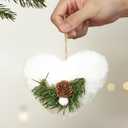 WDS WONDROUS Fabric Christmas Ornaments with Pinecones, Plush Ornaments for Christmas Tree, Rustic Heart Star Tree Shape Xmas Balls Decor Set for Farmhouse Holiday Decorations (6Pcs, White)