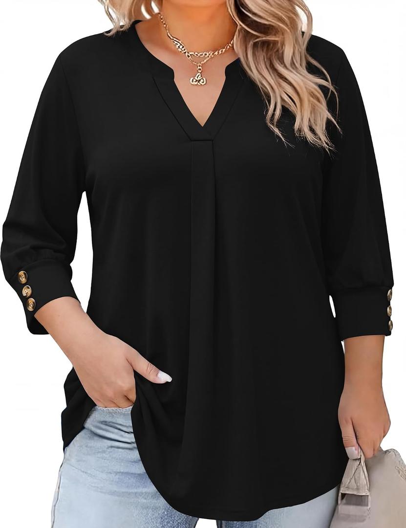 TFSDOD Womens Plus Size Tops 3/4 Length Sleeve Women's Tops V Neck Blouses Pleated Tunic Plus Size Fashion (2XL Plus)