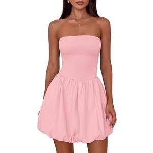 MASCOMODA Womens Strapless Bubble Mini Dress Summer Tube Top Sundress Casual Off Shoulder A Line Party Short Dresses Vacation, XL