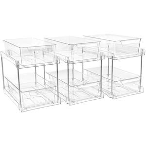 Zero Zoo 3Pack 2-Tier Bathroom Under Sink Organizers and Storage - Clear Stackable Containers for Kitchen, Pantry, Vanity, Medicine Cabinet, Makeup, and Counter with Pull-Out Track