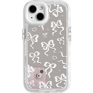 NITITOP Compatible with iPhone 14 Case Cute Mirror Bow Love Heart Pattern for Women Girls Ribbon Design Shockproof Silver Protective Phone Cover - White Bow