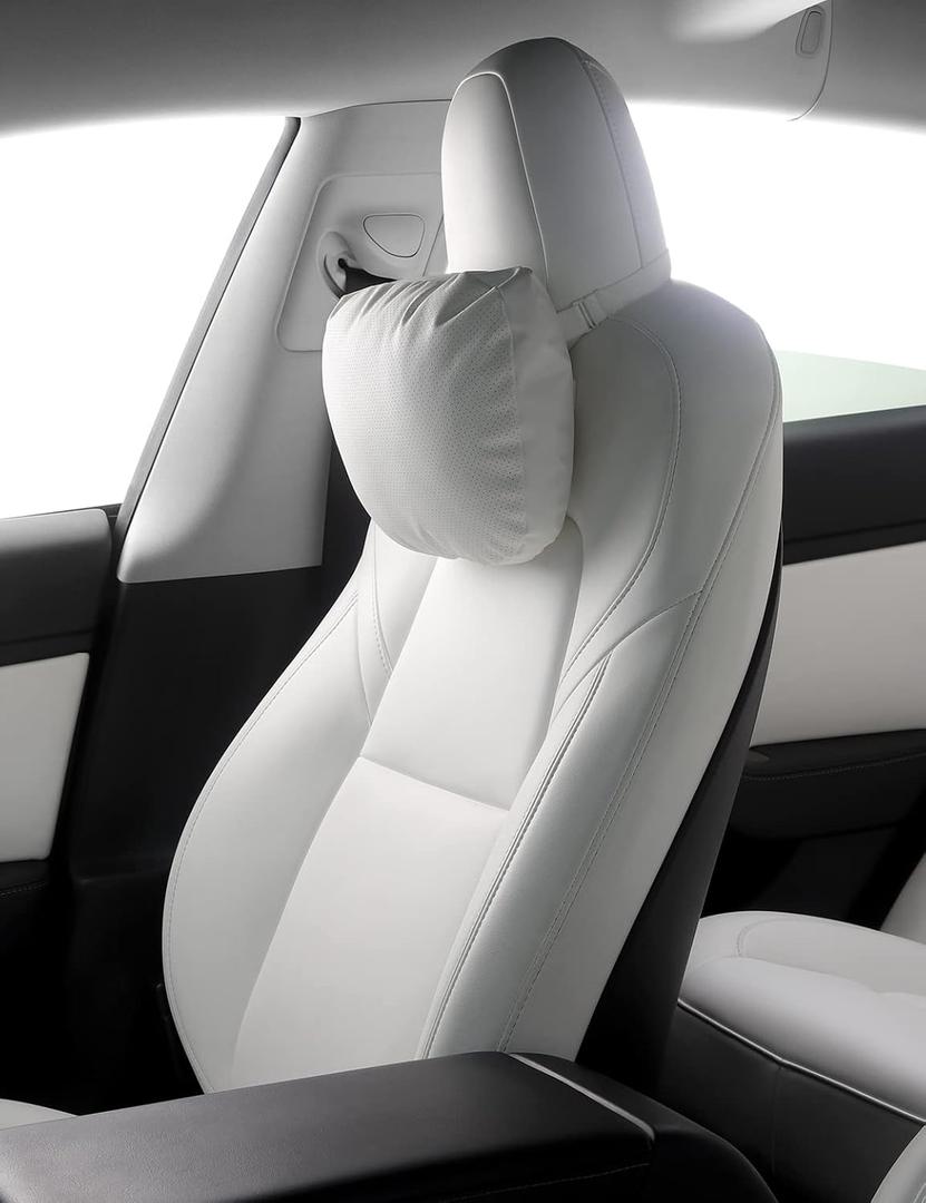TPARTS Leather Headrest Neck Pillow for Tesla Model Y/X/3/S, Tesla Model 3 Accessories,Tesla Model Y Accessories, Car Neck Pillow for Traveling (1pc White)