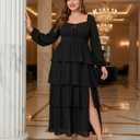 EYWOL Womens Plus Size Floral Tiered Ruffle Long Sleeve Evening Party Wedding Guest Dress (Black, M)
