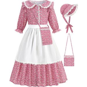 Girls Pioneer Costume Floral Colonial Prairie Dress for Little Kids with Apron and Bonnet (10-12/150, Pink)