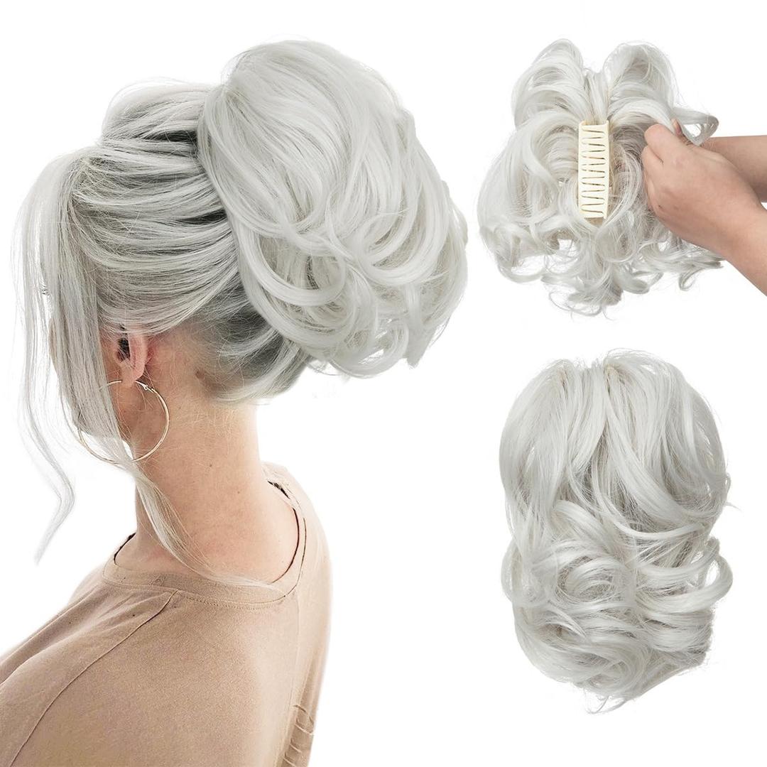 CJL HAIR Claw Clip Short Ponytail Hair Extensions DIY Bendable Metals Messy Bun Hair Piece for Wonen Wavy Curly Synthetic Fake Hairpieces White