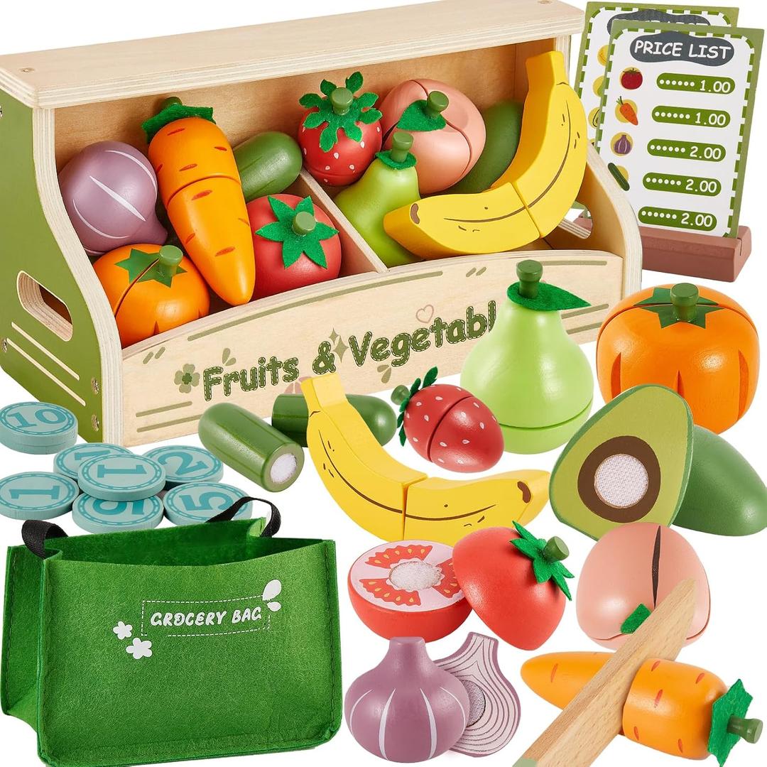 BUYGER Wooden Fruits and Vegetable Toys for Kids Toddler, Pretend Play Cutting Kitchen Food, Play Store Counter Shop Playset Gifts for 3 4 5+ Years Old Boys Girls