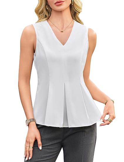 Blooming Jelly Womens Business Casual Tank Tops V Neck Pleated Peplum Sleeveless Dressy Blouse Summer Trendy Work Shirt, Small, White