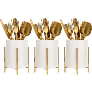 Utensil Caddy for Weddings and Parties,Sturdy Metal and Ceramics, Decorate Kitchen and Dining Table, White Gold, S0017